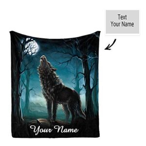 CUXWEOT Custom Blanket with Name Text,Personalized Howling Wolf Super Soft Fleece Throw Blanket for Couch Sofa Bed (50 X 60 inches)