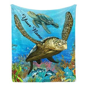 cuxweot custom blanket with name text,personalized underwater world sea turtle super soft fleece throw blanket for couch sofa bed (50 x 60 inches)