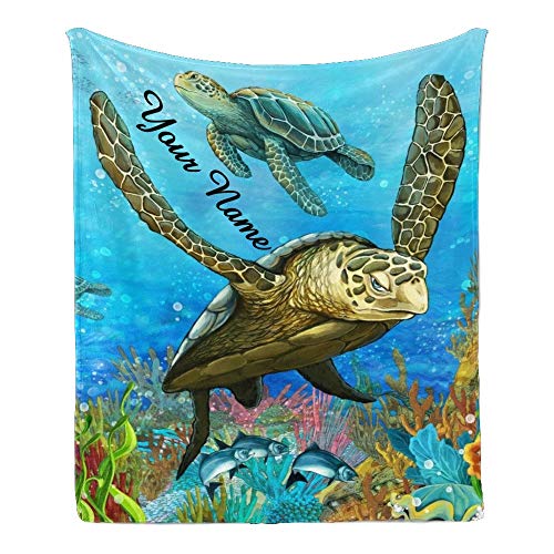 CUXWEOT Custom Blanket with Name Text,Personalized Underwater World Sea Turtle Super Soft Fleece Throw Blanket for Couch Sofa Bed (50 X 60 inches)