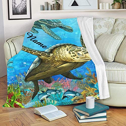 CUXWEOT Custom Blanket with Name Text,Personalized Underwater World Sea Turtle Super Soft Fleece Throw Blanket for Couch Sofa Bed (50 X 60 inches)