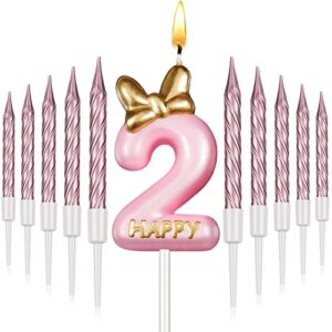 Pink Birthday Candle Girl,Number Birthday Cake Topper with 10 Pieces Rose Gold Birthday Candles Long Thin Cupcake Candles in Holders for Cake Topper Birthday Baking Decor Supplies (Number 2 Style)