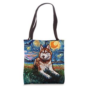 red and white siberian husky starry night dog art by aja tote bag