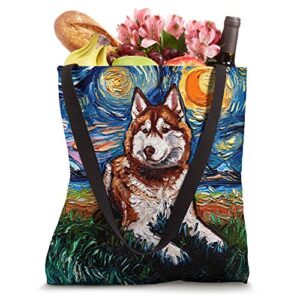 Red and White Siberian Husky Starry Night Dog Art by Aja Tote Bag