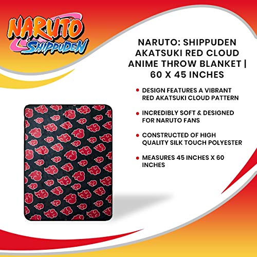 JUST FUNKY Naruto: Shippuden Akatsuki Red Cloud Anime Throw Blanket | Naruto Blanket Anime Soft Blankets and Throws | Official Naruto: Shippuden Akatsuki Blanket | Measures 60 x 45 Inches