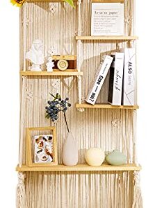 Large Macrame Wall Hanging Shelf (63 in. H x 24 in. W)-5 Tier Staggered Macrame Shelf-Boho Home Decor-Tall Ladder Shelf, Floating Shelves Handwoven Rope Shelf Plant Shelf Display Rack Wall Organizer