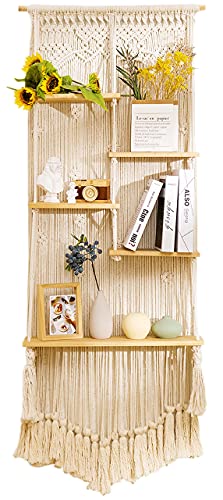 Large Macrame Wall Hanging Shelf (63 in. H x 24 in. W)-5 Tier Staggered Macrame Shelf-Boho Home Decor-Tall Ladder Shelf, Floating Shelves Handwoven Rope Shelf Plant Shelf Display Rack Wall Organizer