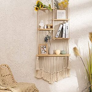 Large Macrame Wall Hanging Shelf (63 in. H x 24 in. W)-5 Tier Staggered Macrame Shelf-Boho Home Decor-Tall Ladder Shelf, Floating Shelves Handwoven Rope Shelf Plant Shelf Display Rack Wall Organizer