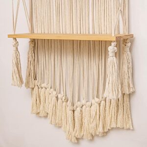 Large Macrame Wall Hanging Shelf (63 in. H x 24 in. W)-5 Tier Staggered Macrame Shelf-Boho Home Decor-Tall Ladder Shelf, Floating Shelves Handwoven Rope Shelf Plant Shelf Display Rack Wall Organizer