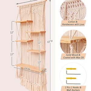 Large Macrame Wall Hanging Shelf (63 in. H x 24 in. W)-5 Tier Staggered Macrame Shelf-Boho Home Decor-Tall Ladder Shelf, Floating Shelves Handwoven Rope Shelf Plant Shelf Display Rack Wall Organizer