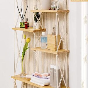 Large Macrame Wall Hanging Shelf (63 in. H x 24 in. W)-5 Tier Staggered Macrame Shelf-Boho Home Decor-Tall Ladder Shelf, Floating Shelves Handwoven Rope Shelf Plant Shelf Display Rack Wall Organizer