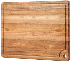 large acacia wood cutting board for kitchen – caperci better chopping board with juice groove & handle hole for meat (butcher block) vegetables and cheese, 18 x 12 inch
