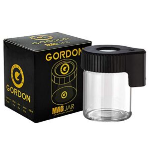 gordon magnifying viewing jar with led light, transparent light-up glass storage stash jar with mag lid, airtight, smell proof (black)