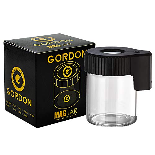 GORDON Magnifying Viewing Jar With LED Light, Transparent Light-Up Glass Storage Stash Jar With Mag Lid, Airtight, Smell Proof (Black)