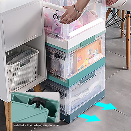 CNCEST Clear Storage Container with Lid Large Capacity Storage Box Stackable Foldable Organizing Container with Secure Latching Buckles and Chassis Pulley 44L(Green)