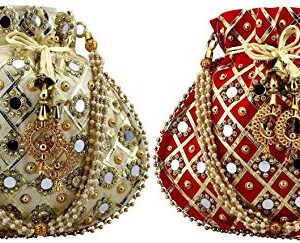 Lookingfab Presents Designer Rajasthani Style Silk Potli Velvet with Bridal Purse with Gota Patti Pottly Purse Women handbag Handicrafts Handmade Decorative Pure Silk Jaipuri Resham Potlis