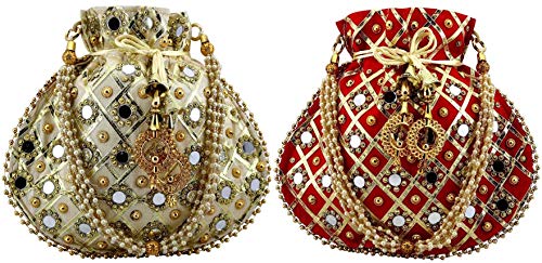 Lookingfab Presents Designer Rajasthani Style Silk Potli Velvet with Bridal Purse with Gota Patti Pottly Purse Women handbag Handicrafts Handmade Decorative Pure Silk Jaipuri Resham Potlis