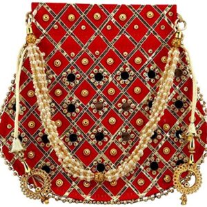 Lookingfab Presents Designer Rajasthani Style Silk Potli Velvet with Bridal Purse with Gota Patti Pottly Purse Women handbag Handicrafts Handmade Decorative Pure Silk Jaipuri Resham Potlis