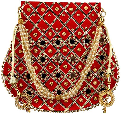 Lookingfab Presents Designer Rajasthani Style Silk Potli Velvet with Bridal Purse with Gota Patti Pottly Purse Women handbag Handicrafts Handmade Decorative Pure Silk Jaipuri Resham Potlis