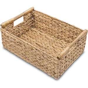 large wicker basket rectangular with wooden handles for shelves, water hyacinth basket storage, natural baskets for organizing, wicker baskets for storage 15.5 x 10.8 x 6.2 inches