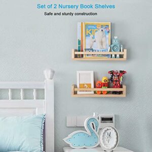 JORIKCHUO Nursery Book Shelves, Set of 2 Wood Floating Book Shelves for Kids Room, Kitchen Spice Rack, or Rustic Wall Mounted Shelves for Farmhouse Bathroom Decor (Natural Wood)