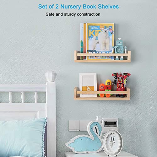 JORIKCHUO Nursery Book Shelves, Set of 2 Wood Floating Book Shelves for Kids Room, Kitchen Spice Rack, or Rustic Wall Mounted Shelves for Farmhouse Bathroom Decor (Natural Wood)