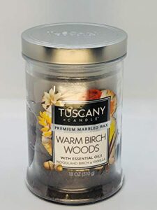 tuscany candle warm birch woods premium marbled wax candle 2- wick 18oz.