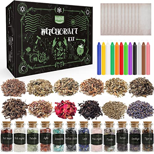 Witchcraft Supplies Kit for Witchy Gifts Stuff - 48Pcs Wiccan Supplies and Tools for Witches Pagan Altar Decor - Crystals Jars Dried Herbs and Candles Set for Witchcraft Beginners, Witchy Gifts