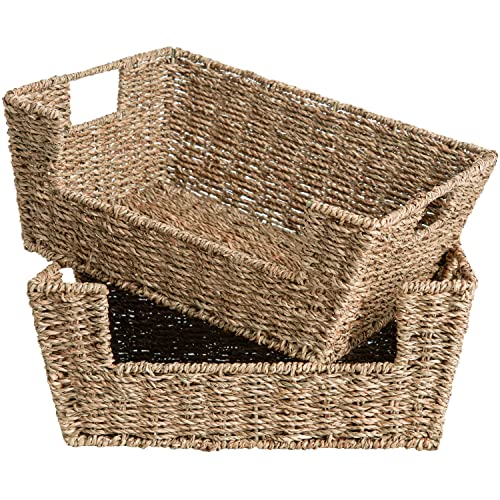 StorageWorks Seagrass Storage Baskets, Hand-Woven Open-Front Bins with Handles, 2 Pack