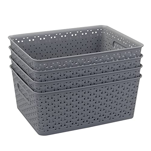 Jandson Grey Plastic Storage Baskets, Weave Basket Organizer Bin, Set of 4