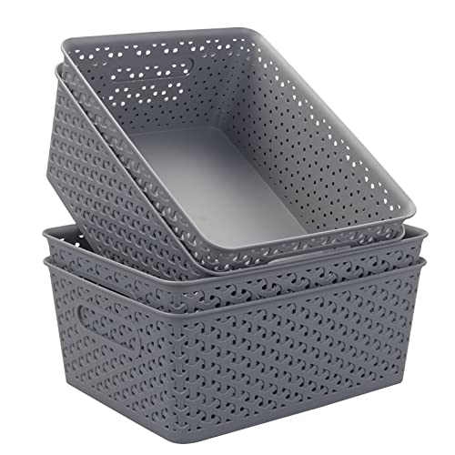 Jandson Grey Plastic Storage Baskets, Weave Basket Organizer Bin, Set of 4