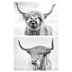 2 Pieces Highland Cow Canvas Wall Art Black and White Poster Art Decor Painting Home Decor for Living Room Office Bedroom(Unframed,16x20 inches)