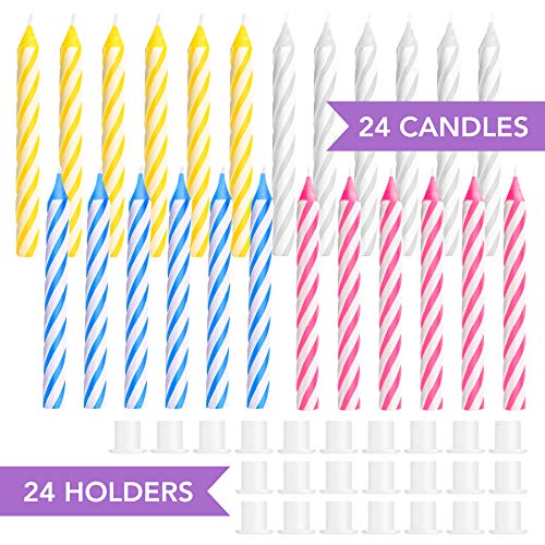 Make a Safe Wish! Spiral Birthday Candles and Candle Holders, 2.5" Colorful Candles, Safe Kids Birthday Party, Keep from Spreading Germs - 24 Candles, 24 Holders