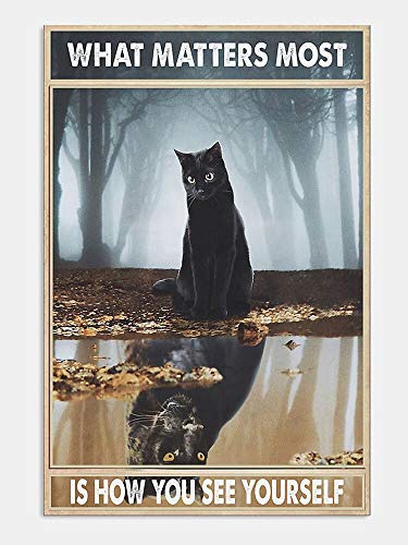 What Matters Most is How You See Yourself Black Cat Retro Metal Tin Vintage Sign for Home Coffee Wall Decor 8x12 Inch