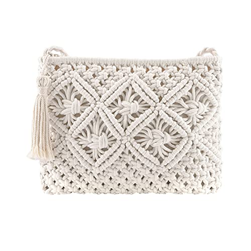 CHIC DIARY Clutch Purse for Women, Cotton Handbag Bohemian Handwoven Envelope Crossbody Bag Summer Beach Wristlet Wallet (White)