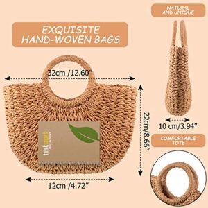 Frienda Straw Tote Bag Summer Beach Bag Handmade Straw Rattan Woven Handbag for Women Travel (Khaki, 12.6 x 7.87 x 8.66 Inch)