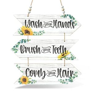 putuo decor sunflower bathroom sign, rustic farmhouse wash brush wall decor for home, laundry, 3 pieces 11.8×3.5 inches arrow hanging plaque