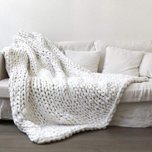EASTSURE Chunky Knit Blanket Bulky Throw Merino Wool Hand Made Bed Sofa Throw Pet Bed Chair Mat Rug,White,32"x32"