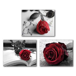 vintage painting black and white red rose wall art paintings set of 3 (8”x10” canvas picture) abstract wall art decor flower art paint for bedroom living room home decor valentines gift frameless