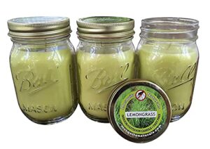 mosquito naturals lemongrass candles with essential oils (set of 3) for patio, deck, outdoor or indoor use – 88 hour burn – all natural, soy base – mason jar with lid, made in usa (lemongrass)