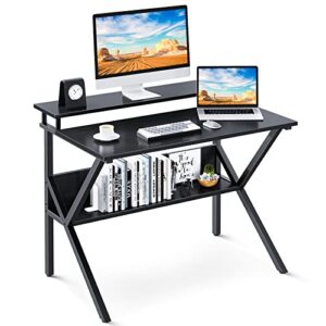 odk small computer desk, 27.5 inch home office study writing table with monitor storage shelf, modern simple style compact laptop desk for small spaces, black