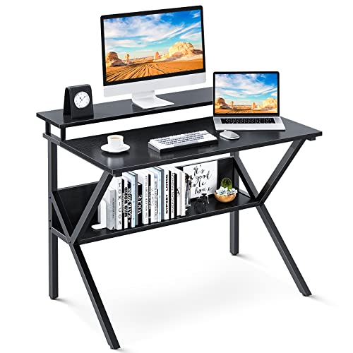 ODK Small Computer Desk, 27.5 inch Home Office Study Writing Table with Monitor Storage Shelf, Modern Simple Style Compact Laptop Desk for Small Spaces, Black