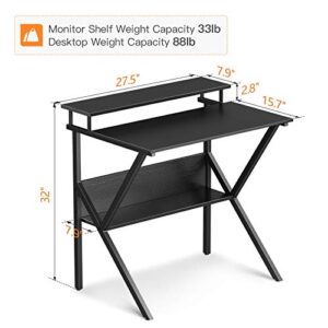 ODK Small Computer Desk, 27.5 inch Home Office Study Writing Table with Monitor Storage Shelf, Modern Simple Style Compact Laptop Desk for Small Spaces, Black