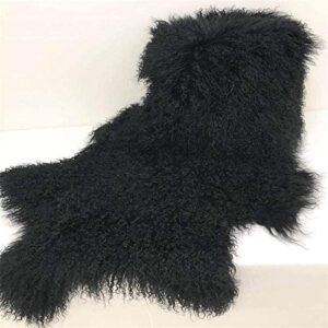 genuine tibetan/mongolian lambskin sheepskin hide pelt throw area rug plate wool carpet curly sheep fur in bedroom, living room 3.5x2ft (black)