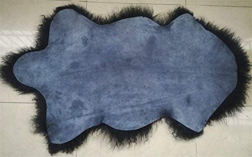 Genuine Tibetan/Mongolian Lambskin Sheepskin Hide Pelt Throw Area Rug Plate Wool Carpet Curly Sheep Fur in Bedroom, Living Room 3.5x2Ft (Black)