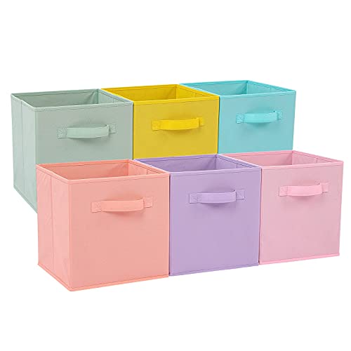 Stero Fabric Storage Bins 6 Pack Fun Colored Durable Storage Cubes with Handles Foldable Cube Baskets for Home, Kids Room, Closet and Toys Organization Cyan, Green, Yellow, Purple, Pink and Peachpuff