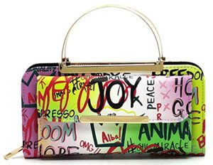 multicolor graffiti printed cell phone purse wallet smartphone crossbody wallet travel multifunction phone case wristlet (#d-multi2(gn/pk))