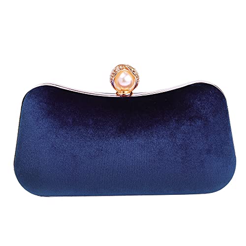 Mulian LilY Navy Blue Velvet Evening Bags For Women With Flower Closure Rhinestone Pearl Embellished Cluth Purse For Party Wedding M505