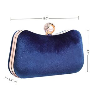 Mulian LilY Navy Blue Velvet Evening Bags For Women With Flower Closure Rhinestone Pearl Embellished Cluth Purse For Party Wedding M505
