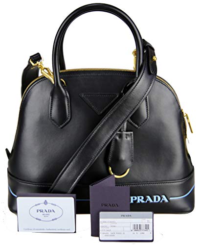 Prada City Calf Dome Blue Stripe Black Satchel 1BA200