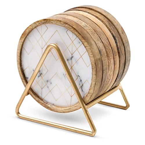 Wooden-Coasters-for-Drinks. Absorbent Wood Coaster Set of 6 with Holder. 4" Wide & 0.5" deep, Mango Wood - Coasters for Coffee Table Decor in White & Gold. Great as a Trinket Tray by Willow and Moore
